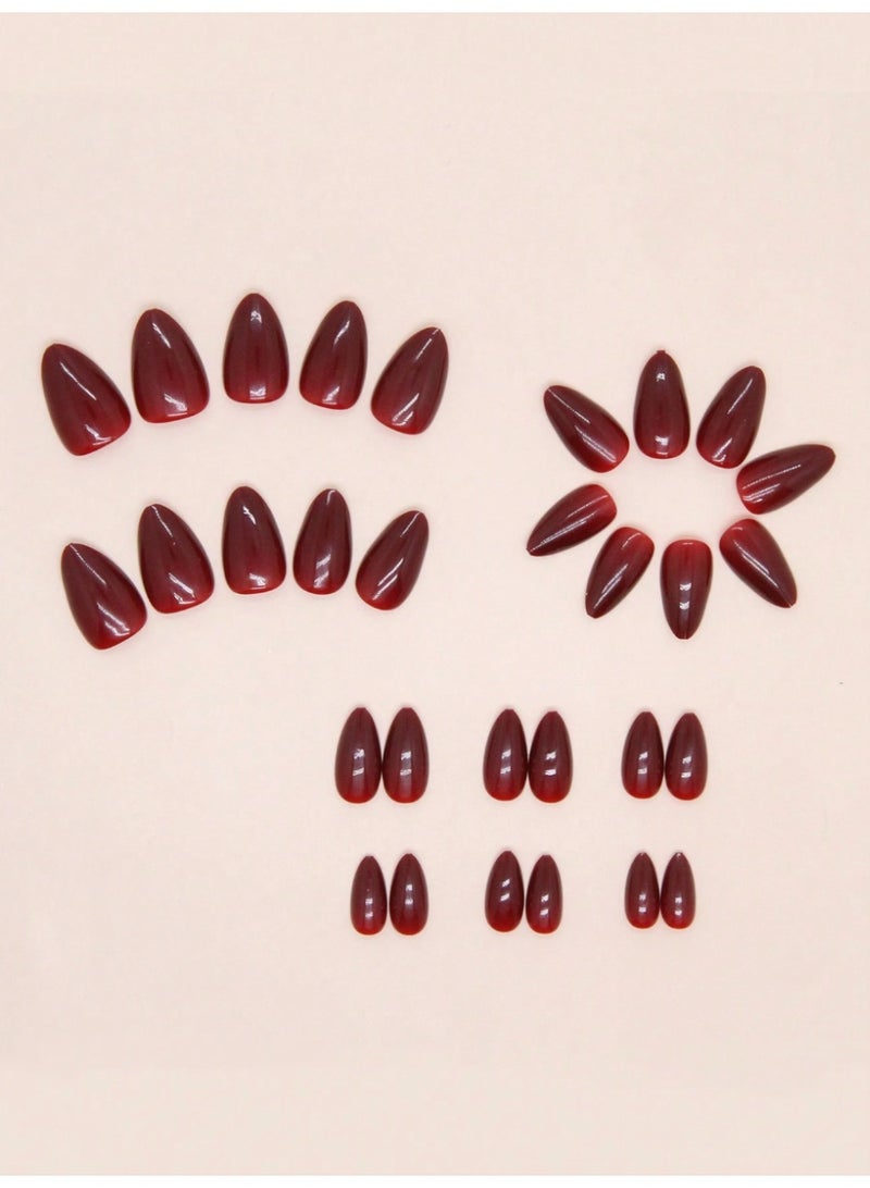 Shein 24pcs Short Almond-Shaped Solid Deep Red Nail Stickers, With 1pc Jelly Gel And 1pc Press-On Nail Sticker, Nail Art Supplies Nails - Image 4